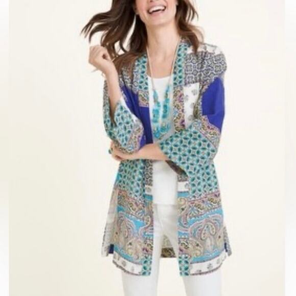 Chicos Open Front Linen Duster Jacket Patchwork - Size 2/L (12-14) - Picture 4 of 9